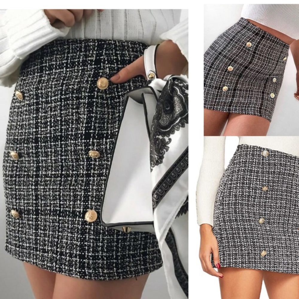 Call Me Eden Black Tweed Mini Skirt with Gold Buttons Decoration.